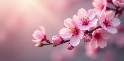 Fototapeta premium Delicate pink blossoms, soft focus, dreamy background, garden, bright