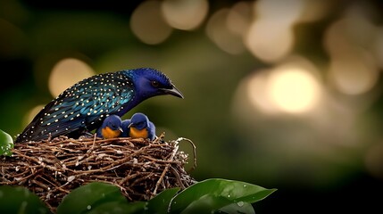 Obraz premium A vibrant bird caring for its two chicks in a lush green nest with a blurred natural background