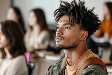 A diverse classroom where overseas students are listening attentively to a professor