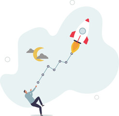 Trading stock or crypto price rising high to the moon, crypto currency value soaring sky rocket, get rich or make profit investment.flat character life concept
