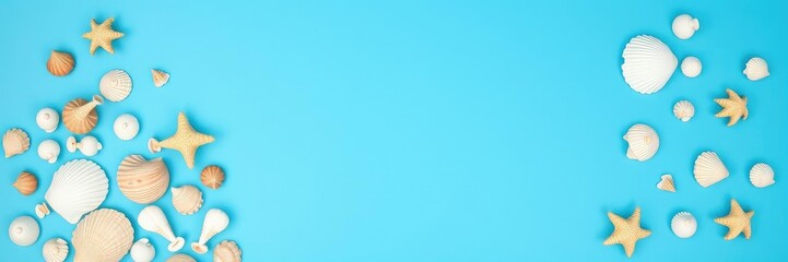 Obraz premium oceanic elements scattered on a blue background with seashells arranged in a circular formation, beach decor, calming atmosphere