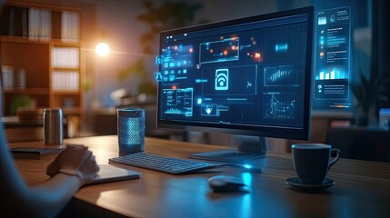 Advanced voice assistants in modern workspaces enhancing productivity and task management, perfect for showcasing AI technology, office productivity, and digital workplace environments.