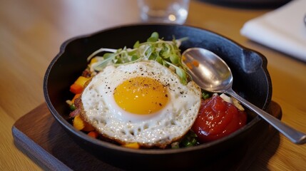 A delicious breakfast bowl featuring a sunny-side-up egg atop fresh vegetables in a cozy cafe setting