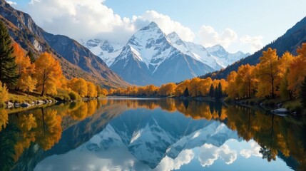 Obraz premium Serene autumnal lake reflecting snow-capped peaks and vibrant golden foliage, a picturesque landscape of tranquility and natural beauty