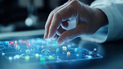 Closeup of a scientists hand interacting with a floating holographic periodic table, selecting chemical elements