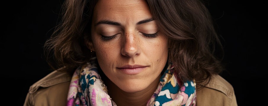 Woman with closed eyes reflecting thoughtfully while wearing a colorful scarf