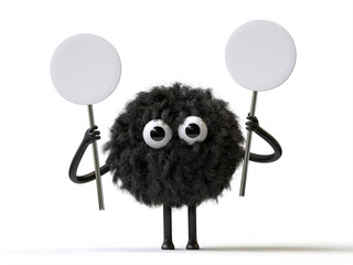 Fluffy, cute monster holds a blank sign, symbolizes information and advertising display. 3D rendering, conceptual image. Isolated on white background.