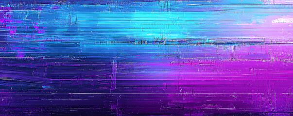 A futuristic abstract composition of a distorted digital glitch with pixelated noise, vibrant neon colors, and chaotic horizontal lines in a cyberpunk aesthetic.