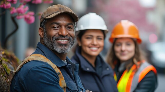 Smiling Construction Workers in Safety Gear with a Blurred City Background for Teamwork, Skilled Trades, and Industrial Work Concepts
