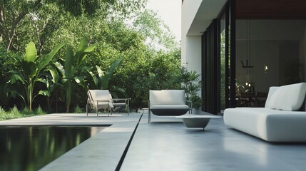 Modern outdoor patio with furniture and lush vegetation on a sunny day peaceful place