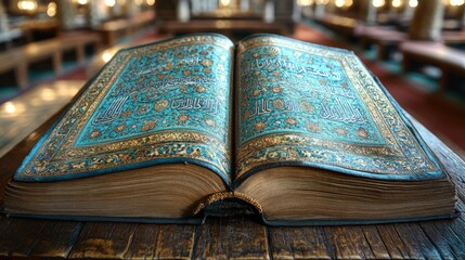 Obraz premium Ancient Quran on Wooden Surface in Mosque