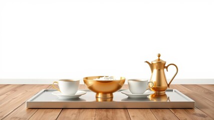 Fototapeta premium Dates in a golden bowl with a coffee pot and cups arranged elegantly on a wooden floor, against a white background, creating a luxurious and sophisticated atmosphere, white background, luxury
