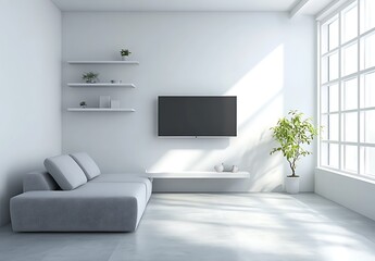 Fototapeta premium Modern Minimalist Living Room: A serene and stylish living room features a grey sofa, minimalist shelving, a flat-screen TV, and a large window flooding the space with natural light.