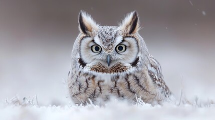Snowy Owl Portrait in Winter Landscape. Possible Use Stock Photo