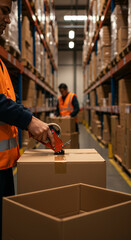 Warehouse Workers Sealing Boxes: Logistics, Shipping, and Inventory Management in Action!