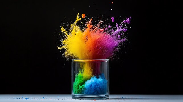 Highspeed photograph of a scientist dropping a catalyst into a test tube, causing a vibrant explosion of color