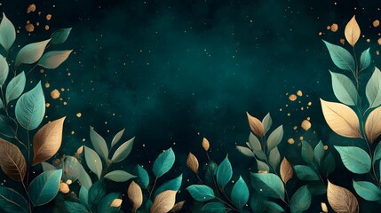 Elegant Teal and Gold Leaves Background Luxurious Botanical Design Nature Inspired Artwork