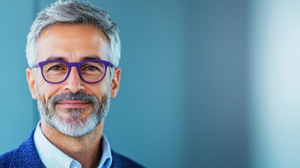 Fototapeta premium Career Advice style. Smiling man with glasses and a beard in a professional setting.