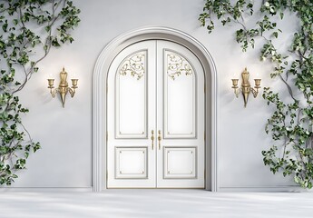 Elegant Entryway: An inviting, ornate double door with intricate carvings and golden accents stands majestically, flanked by lush ivy vines and elegant wall sconces.