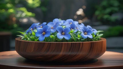 Serene Blue Flowers in Wooden Bowl