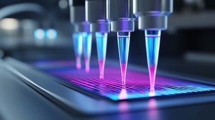 Microfluidic chip with glowing liquids flowing through tiny channels, symbolizing advanced biochemical analysis