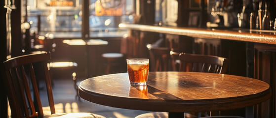Classic pub decor with warm lighting and a drink resting on a table surrounded by a peaceful atmosphere-2