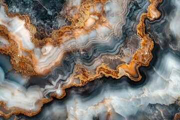 Fototapeta premium Abstract agate stone texture with rich tones of gray, orange, and gold, ideal for backgrounds or luxury design projects