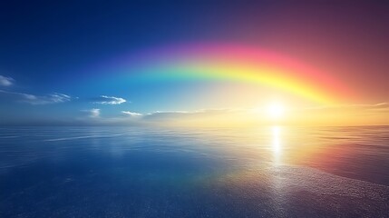 Serene Sunset Rainbow Over Calm Ocean Waters
