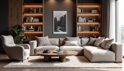 Cozy Living Room with Bookshelves and Sofa. AI Generation.