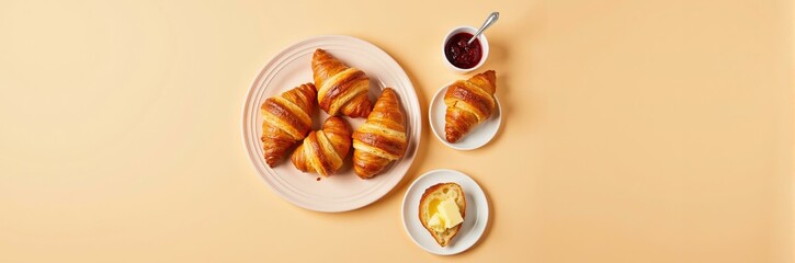 Freshly Baked Golden Croissants with Butter and Fruit Jam on Soft Beige Background