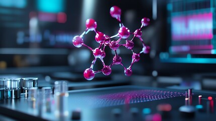 Holographic projection of a 3D drug molecule structure floating above a research workstation
