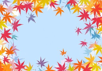 Autumn Leaves Frame: A whimsical backdrop of colorful autumn leaves arranged in a frame around a soft blue background.  Perfect for seasonal greetings, invitations.