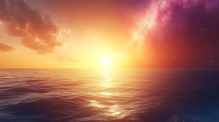 Obraz premium Serene Sunset Over Ocean Meets Starry Night Sky