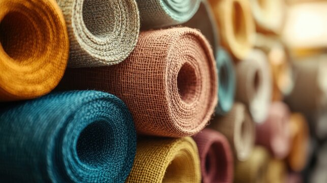 Colorful handmade fabric rolls stacked neatly against a wall in a textile workshop