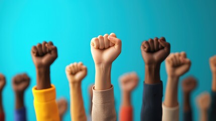 Raised fists of diverse individuals against a blue background, symbolizing unity and protest. Use this for social justice, equality, and activism themes.