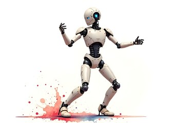 Watercolor illustration. A humanoid robot looks at its hand and dances. White background with splashes of bright colors