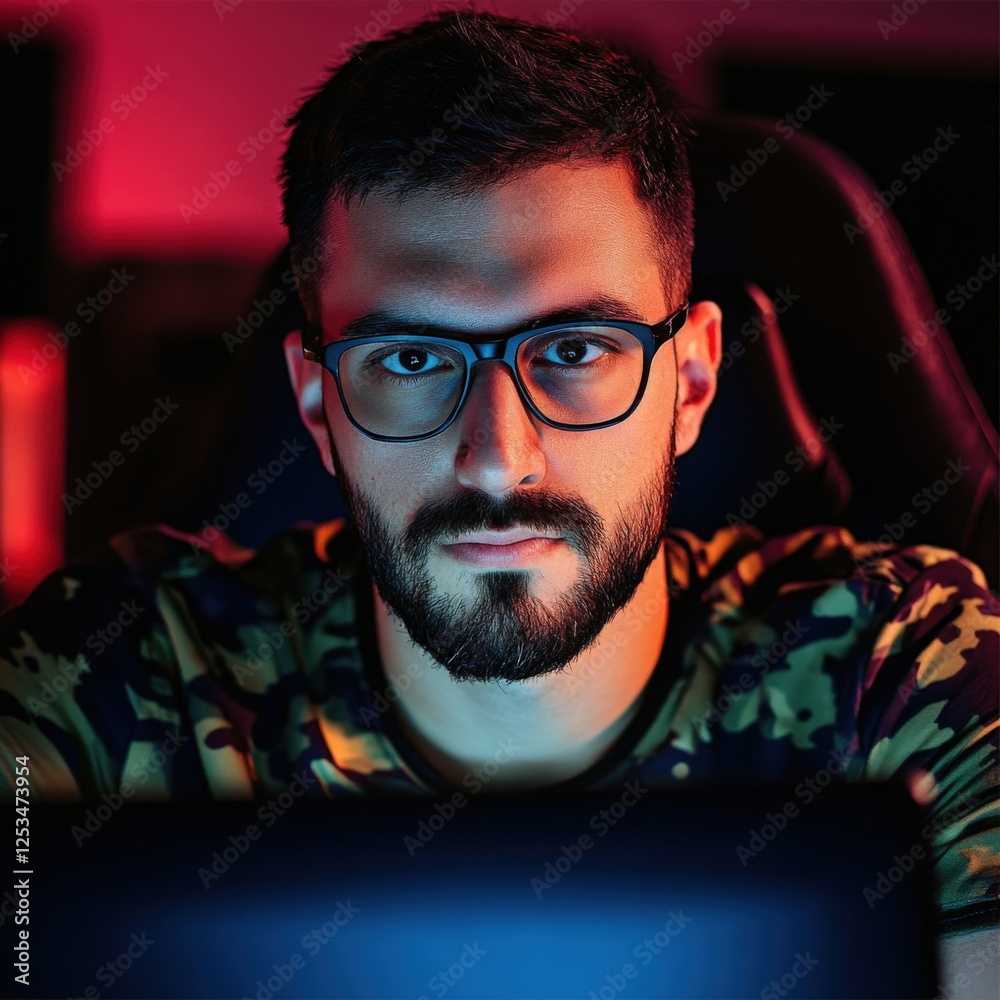 Poster man with glasses and beard working on computer focused on cybersecurity issues