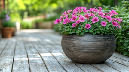 Pink Petunias in a Dark Brown Pot on Wooden Deck