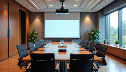 Conference Room with Projector and Boardroom Table. AI Generation.