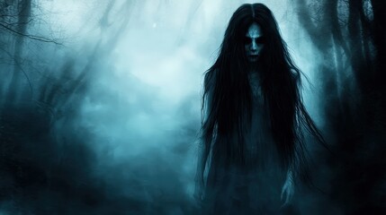 Fototapeta premium Ethereal figure in a misty forest, embodying fear and the unknown. Ideal for horror, suspense, and thriller themes, evoking a sense of dread.