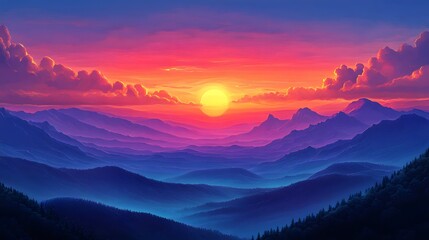 Vibrant Sunset Over Majestic Mountain Ranges Colorful Sky Scenic Landscape