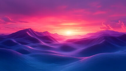 Vibrant Sunset over Rolling Purple and Pink Mountainscape