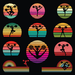 Set of Cheerleading Silhouette With sunset retro illustration Vector, Cheer Sport vintage sunset retro background