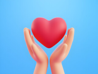 Obraz premium A 3D-rendered illustration of hands holding a floating red heart, symbolizing love, care, and emotional support against a calming blue background.