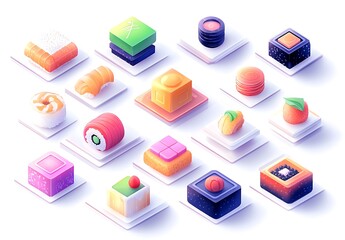 Isometric Dessert & Sushi Platter: A vibrant collection of assorted isometric desserts and sushi pieces, meticulously arranged on individual square plates.