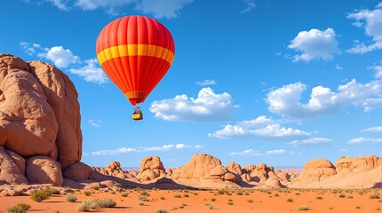 Obraz premium Red Hot Air Balloon Soaring Above a Desert Landscape