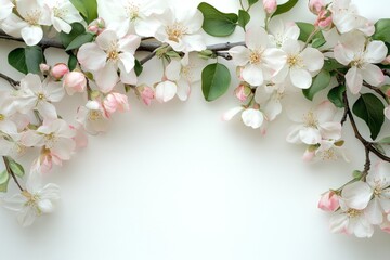 Obraz premium Spring blossoms frame, delicate branches, white background, nature's beauty