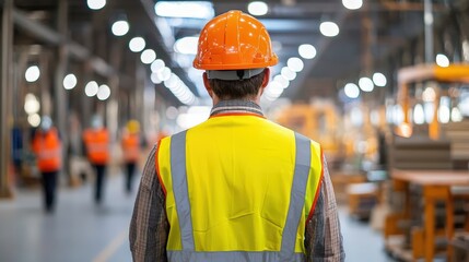Industrial worker in safety gear, facing a factory with focused lights, symbolizing manufacturing excellence and dedicated labor. Great for construction and engineering.