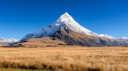 Obraz premium Majestic snow-capped peak autumnal plains clear sky landscape photography