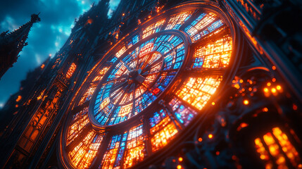 Obraz premium Colorful stained glass clock illuminated at dusk in a historical building